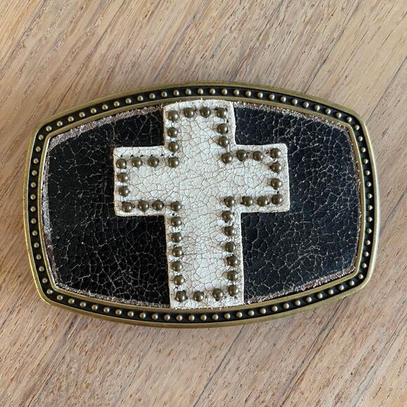 Vintage Western Belt Buckle Studded Leather Cross Design Bikercore Cowboy Rodeo - Picture 2 of 4